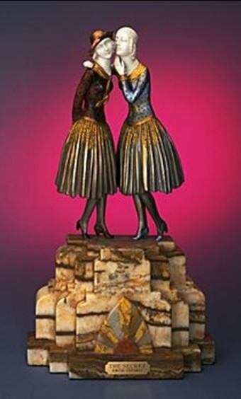 CHIPARUS - "THE SECRET" -BRONZE AND IVORY SCULPT: CHIPARUS - "THE SECRET" - BRONZE AND IVORY SCULPTURE - MUTLI - COLOR FINISH - HAND CARVED IVORY AND BRONZE - MOUNTED ON MARBLE AND ONYX BASE - FOUNDRY SEAL - SIGNED - MINT - APPROX. 22.5"X13"