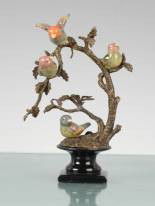 PORCELAIN AND BRASS BIRDS WITH BRANCH SCULPTURE: HAND PAINTED FINE PORCELAIN BIRDS - BRASS BRANCHES - 6LX4.8WX10.5H - MINT