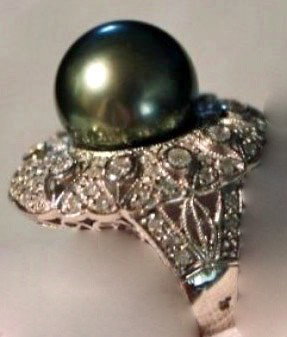 Tahitian Cultured Pearl & Diamond Ring: 14k White Gold - 12.5mm Pearl with appx. 1ctw of Diamonds - Includes Appraisal