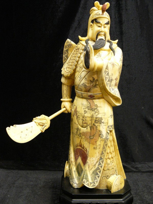 HAND CARVED BONE GENERAL KWAN SCULPTURE: HAND CARVED BONE GENERAL KWAN SCULPTURE - HAND PAINTED - EXCELLENT DETAIL - MINT CONDITION - L: 8", W: 8", H: 22"