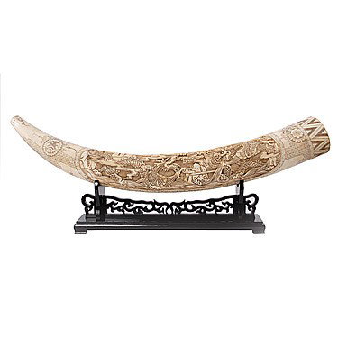 40' HAND CARVED TUSK ON STAND: 40' HAND CARVED TUSK ON STAND - VERY INTRICATE HAND CARVED BONE - VERY WELL MAINTAINED