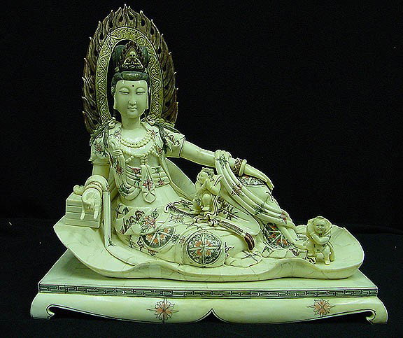 HAND CARVED BONE LYING KWANYIN SCULPTURE: HAND CARVED BONE LYING KWANYIN SCULPTURE - L: 16", W: 8", H: 16 - MINT CONDITION - HAND PAINTED - BEAUTIFULLY DETAILED