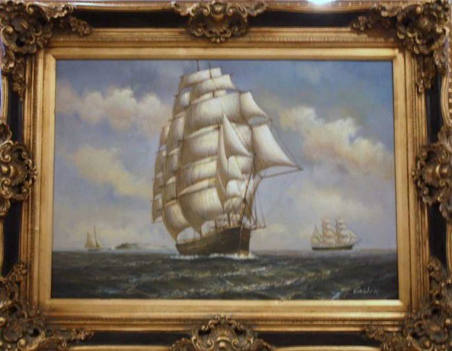 CUSTON "SAIL SCENE" OIL ON CANVAS: CUSTON "SAIL SCENE" OIL ON CANVAS - SIGNED - FRAMED APPROX. 29 1/2 X 37 1/2 - AUTHENICATED WITH CERTIFICATION