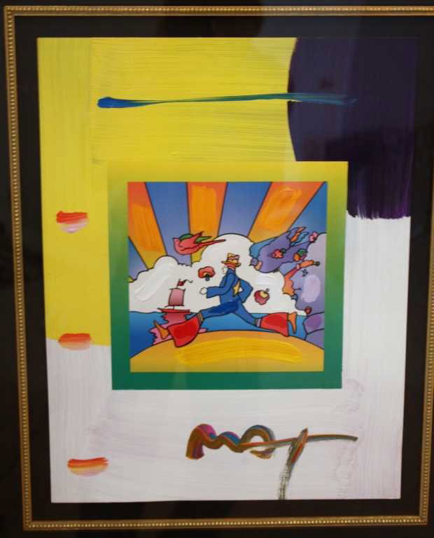 PETER MAX "FLOWER RUNNER" ORIGINAL: MAX "FLOWER RUNNER" ORIGINAL MIXED MEDIA - HAND SIGNED - STAMPED AND CATALOGUE BY PETER MAX STUDIOS - FRAMED AND MATTED APPROX. 36 1/2 X 30 1/4 - AUTHENICATED WITH CERTIFICATION - MINT CONDITION