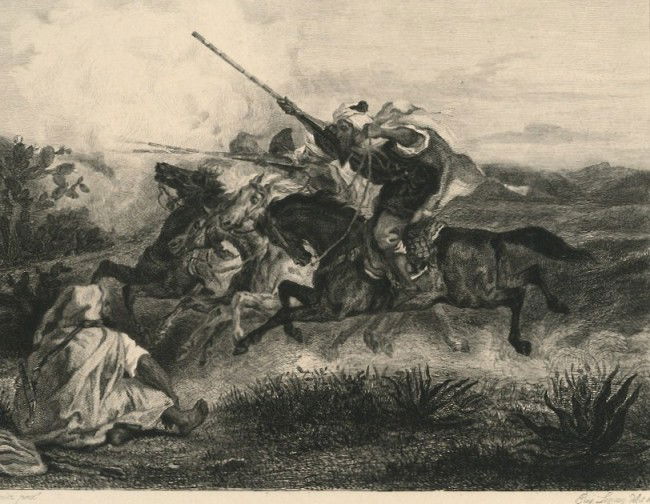 Eugene Delacroix "Fantasia" etching: Medium: etching (etched by Eugene Leguay after the Delacroix painting). A nice impression on chine-collé paper, published in Paris ca. the 1880's. Image size: 6 5/8 x 8 3/4 inches (165 x 223mm). Auth