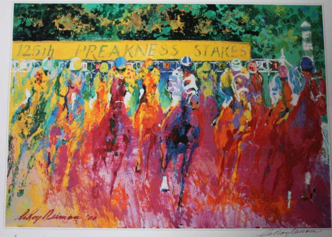"PREAKNESS STAKES" BY NEIMAN - SIGNED: "PREAKNESS STAKES" BY LEROY NEIMAN - HAND SIGNED AND PLATE SIGNED - 18X26 (IMAGE) - FRAMED WITH COA
