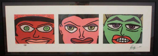 RINGO STARR "THREE FACES" HAND SIGNED: RING STARR "THREE FACES" HAND SIGNED SERIGRAPH - FRAMED AND MATTED APPROX. 15X38 - AUTHENICATED WITH COA - VERY GOOD CONDITION