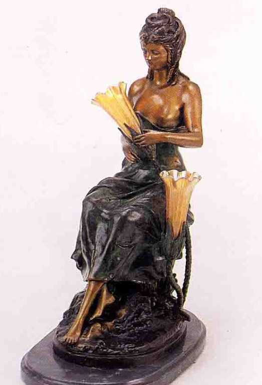 "Sitting Pretty" Bronze Sculpture Lamp - A. Morea: "Sitting Pretty" Bronze Sculpture Lamp - A. Moreau - Beautiful Color Patina Finish - Mounted on Fine Italian Marble Base - Signed - Mint Condition - 27"H x 12"W - Lost Wax Cast