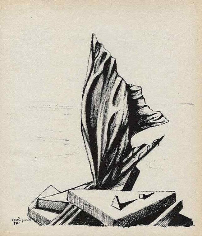 Kay Sage original lithograph: Kay Sage original lithograph. Printed in Paris by Mourlot and published by Pierre à Feu and Maeght Editeur for the Marcel Duchamp / André Breton project Surréalisme en 1947. Issued in a limited edi