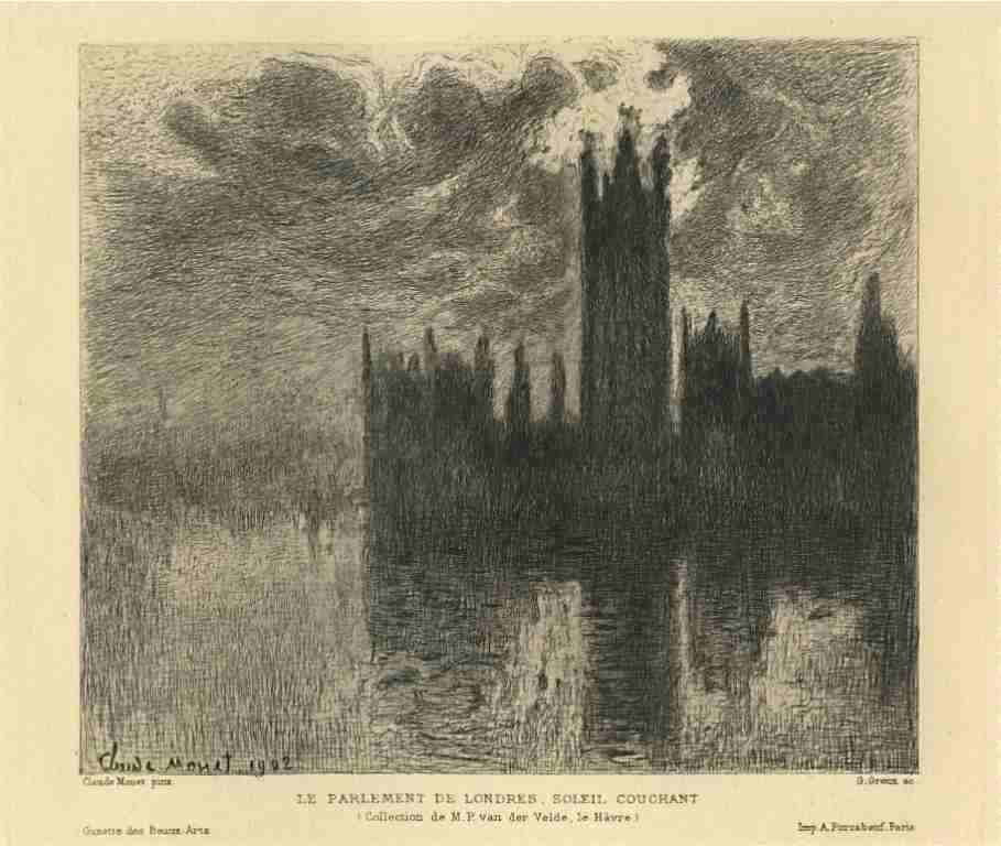 Monet etching "Le Parlement de Londres, Soleil Cou: Monet etching "Le Parlement de Londres, Soleil Couchant" - etching . Etched by French artist Gustave Greux (1838-1919) after Monet. Catalogue reference: Sanchez & Seydoux 1904-18. This is a rich impre