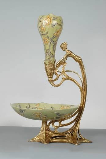 Porcelain Vase & Server with Brass Sculpture: Porcelain Vase & Server with Brass Sculpture - Hand Painted with crackled Finish - 10.6Lx8.9Wx16H