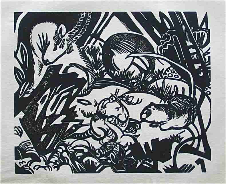 Franz Marc Woodcut "Aus der Tierlegende": Franz Marc "Aus der Tierlegende" (Legend of the Animals); Medium: original woodcut. Catalogue reference Lankheit 831-3. Published in 1919 for Genius. Image size: 7 3/4 x 9 1/2 inches (198 x 240mm). Au