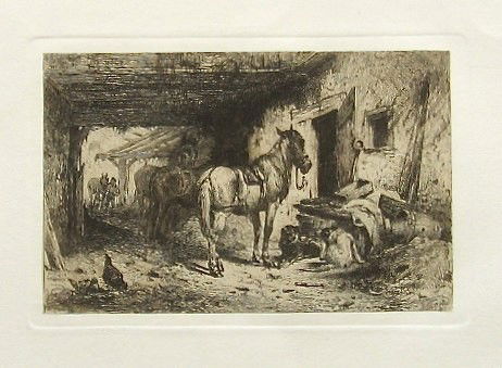 Peter Moran original etching "Noonday Rest": original etching. A nice impression on cream laid paper, published for the American Art Review in 1880; the American Art Review was a lavishly produced revue featuring original etchings by Moran and o