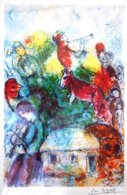 CHAGALL LTD EDITION LITHOGRAPH: MARC CHAGALL - "SHOFAR"- LTD EDITION LITHOGRAPH - PROFESSIONALLY FRAMED AND MATTED - MINT CONDITION - COMES WITH COA - SIGNED IN THE PLATE - FRAMED SIZE APPX 32 1/2 X 25 1/2