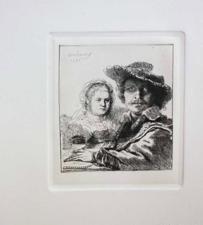 REMBRANDT "SELF PORTRAIT WITH SASKIA" ETCHING: REMBRANDT - "SELF PORTRAIT WITH SASKIA"- HAND PULLED ETCHING - AMAND DURAND, ENGRAVER - AUTHENICATED WITH CERTIFICATION - PROFESSIONALLY FRAMED AND MATTED - MINT