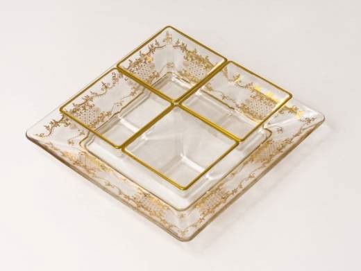 Italian Crystal Relish Dish with Gold Artwork: Italian Lead Crystal Relish Dish - Venetian Hand Painted 14k Gold Artwork - Plate 8L" x 8W", Sectionals:3L" x 3W"