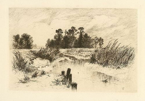 Moran "Passaic Meadows" original etching: Moran "Passaic Meadows" original etching. Catalogue reference: Klackner 15. Executed in 1879, this original Thomas Moran etching is a nice impression on wove paper. Size: 5 3/4 x 8 7/8 inches (plate).