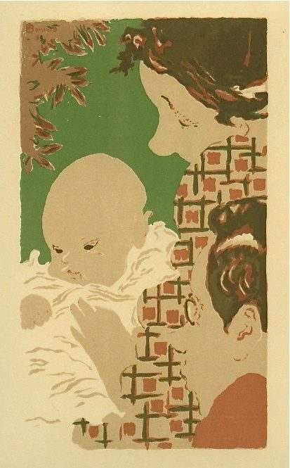 Bonnard lithograph "Scene de famille": Bonnard lithograph "Scene de famille" - multi-stone color lithograph. A fine impression on Renage wove paper, printed in Paris in 1952 by the legendary Mourlot atelier. Image size: 8 1/2 x 4 1/2 inche
