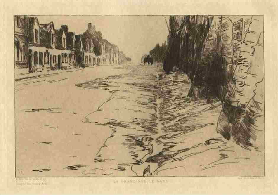 Baertsoen "La grand'rue, le matin" original etchi: Baertsoen "La grand'rue, le matin" original etching - Medium: original etching. Printed in Paris by Porcabeuf and published in 1898 by Gazette des Beaux Arts. Plate size: 6 1/4 x 9 1/8 inches (158 x 2