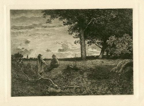 Moran "An American Sunset" etching: Moran "An American Sunset" etching. Catalogue reference: Klackner 63. Executed in 1888 (etched by Thomas Moran after George Inness), this is a nice impression circa 1900 on laid paper. Size: 5 1/2 x 7