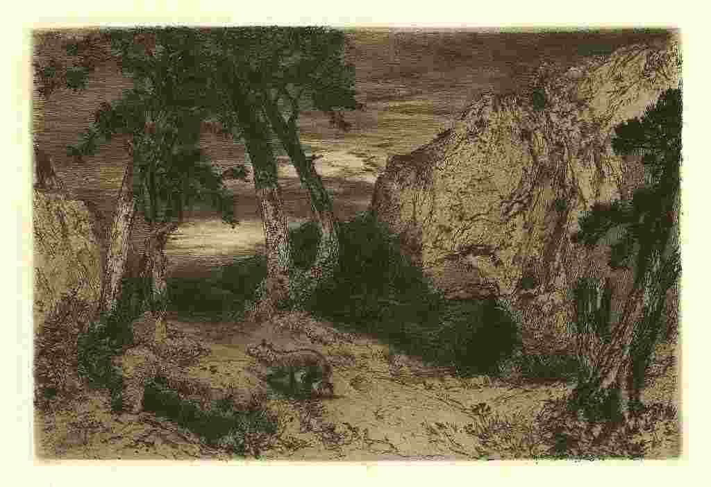 Moran original etching "Twilight in Arizona": Thomas Moran original etching "Twilight in Arizona" - original etching. Catalogue reference: Klackner 27. Executed in 1880, this is a fine, dark impression on heavy wove paper, in excellent condition