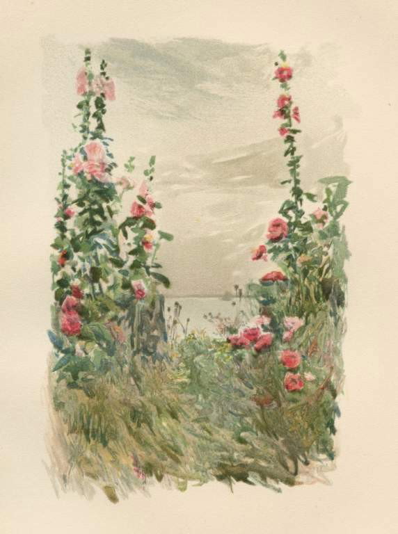 Childe Hassam chromolithograph: Childe Hassam chromolithograph - "Hollyhocks in Late Summer" - Medium: chromolithograph (after the watercolor). This beautiful antique print was published in a small edition (most likely around 500) i