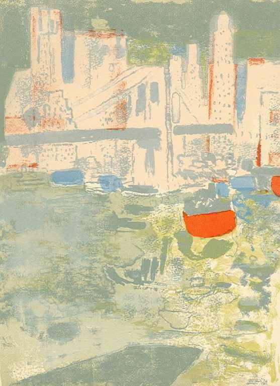 Paul Guiramand original lithograph "Le port de New: Paul Guiramand original lithograph "Le port de New York" - Printed in Paris in 1964 by the legendary atelier of Fernand Mourlot. Published in a limited edition of 2000 impressions on wove paper. Size: