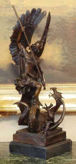 "SAINT MICHAEL DRAGON SLAYER" Bronze Sculpture: SAINT MICHAEL DRAGON SLAYER BRONZE SCULPTURE - HIGH QUALITY - MUSEUM BROWN PATINA - VERY WELL MAINTAINED - MINT - 19HX14WX7D - LOST WAX CAST BRONZE - MOUNTED ON A MARBLE BASE - MUSEUM QUALITY