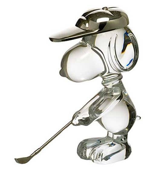 BACCARAT "SNOOPY GOLFING" SCULPTURE: BACCARAT "SNOOPY GOLFING" SCULPTURE- MINT CONDITION WITH ORIGINAL BOX AND PAPERWORK - SIGNED AND NUMBERED - APPROX. 4 1/2 X 4 1/3 INCHES