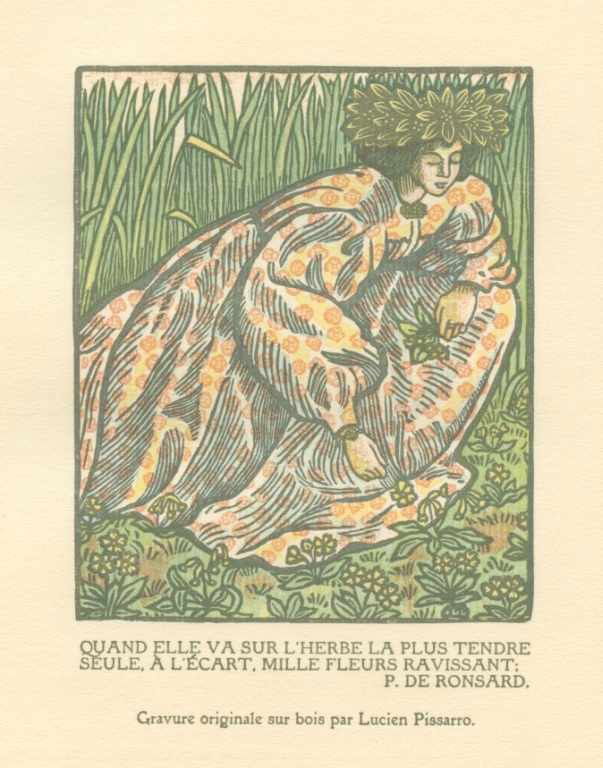 Lucien Pissarro original woodcut: Lucien Pissarro original woodcut "Quand elle va sur l'herbe" - Printed on laid paper by J. Melzer and published in Paris in 1919 by Gazette des Beaux-Arts. Image size: 4 1/2 x 3 3/4 inches (117 x 98mm