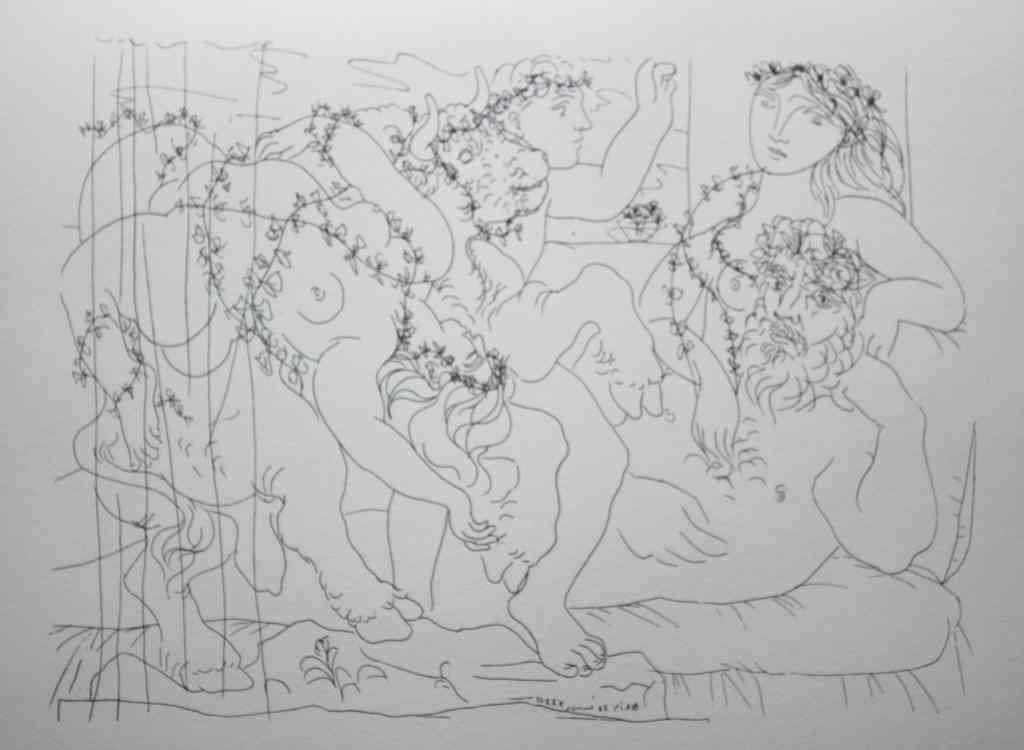 VINTAGE 1956 PICASSO LITHOGRAPH: PABLO PICASSO "SCULPTOR, MODEL, SCULPTURE OF A BULL AND TWO BACCHANTS" - FIRST EDITION LITHOGRAPH AFTER THE SUITE VOLLARD ETCHING - PRINTED IN 1956 - PUBLISHED BY HARRY N. ABRAMS / NEW YORK - PRINTED 