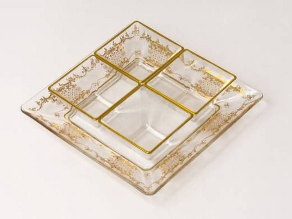 ITALIAN CRYSTAL RELISH DISH: ITALIAN LEAD CRYSTAL RELISH DISH - VENETIAN HAND PAINTED 14K GOLD ARTWORK - PLATE: 8L" x 8W", SECTIONALS:3L" x 3W"