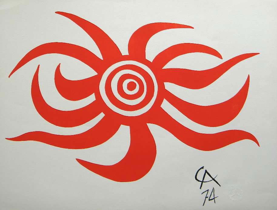 ALEXANDER CALDER ORIGINAL LITHOGRAPH "SUNBURST": ALEXANDER CALDER ORIGINAL LITHOGRAPH "SUNBURST" - THIS IS ONE OF THE ORIGINAL COMPOSITIONS EXECUTED BY CALDER FOR THE BRANIFF AIRLINES "FLYING COLORS COLLECTION"; SIX DIFFERENT COMPOSITIONS WERE CREAT