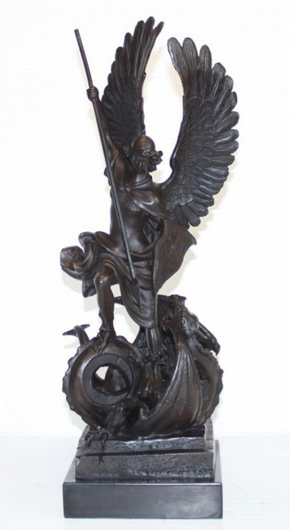"SAINT MICHAEL DRAGON SLAYER" BRONZE SCULPTURE: SAINT MICHAEL DRAGON SLAYER BRONZE SCULPTURE - HIGH QUALITY - MUSEUM BROWN PATINA - MINT - 19HX14WX7D - LOST WAX CAST BRONZE - MOUNTED ON A MARBLE BASE