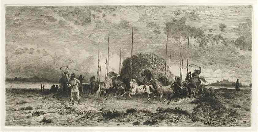 PETER MORAN ORIGINAL ETCHING "HARVEST IN SAN JUAN,: PETER MORAN ORIGINAL ETCHING "HARVEST IN SAN JUAN, NEW MEXICO" - CATALOGUE REFERENCE: KEPPEL 74. EXECUTED IN 1883; THIS IS A RICH IMPRESSION ON WOVE PAPER. SIZE: 6 X 12 1/4 INCHES (PLATE). SIGNED IN T