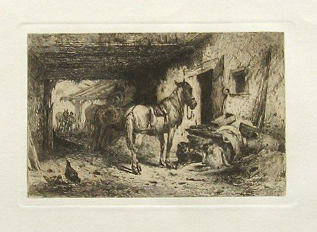 PETER MORAN ORIGINAL ETCHING "NOONDAY REST": PETER MORAN ORIGINAL ETCHING "NOONDAY REST". A NICE IMPRESSION ON CREAM LAID PAPER, PUBLISHED FOR THE AMERICAN ART REVIEW IN 1880; THE AMERICAN ART REVIEW WAS A LAVISHLY PRODUCED REVUE FEATURING ORIGI