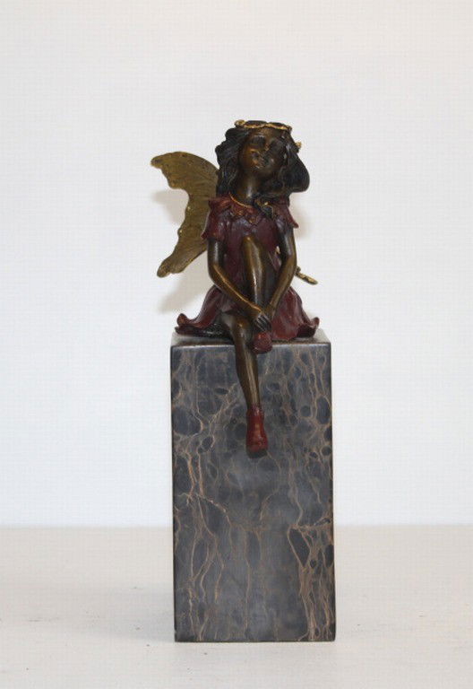 "SITTING FAIRY" BRONZE SCULPTURE: "SITTING FAIRY" BRONZE SCULPTURE - HAND PAINTED - 9"H x 6 1/2" D x 2 3/4"W - LOST WAX CAST - MOUNTED ON A MARBLE BASE