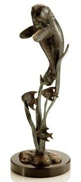 MANATEE AND FISH BRONZE SCULPTURE: MANATEE AND FISH BRONZE SCULPTURE - 13"H 5"W 5 "D - GREAT ATTENTION TO DETAIL - BEAUTIFUL FINISH - LOST WAX CAST