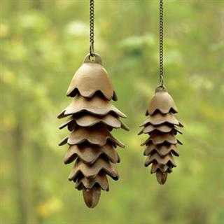 PAIR OF PINECONE WIND CHIMES: PAIR OF PINECONE WIND CHIMES - 22.5"H X 4"W X 4"D & 19"H X 3"W X 3"D - IRON SECTIONAL WIND CHIMES