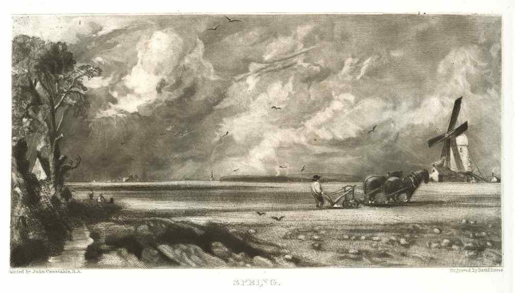SIR JOHN CONSTABLE / DAVID LUCAS MEZZOTINT: SIR JOHN CONSTABLE / DAVID LUCAS MEZZOTINT "SPRING" - THIS BEAUTIFUL MEZZOTINT ENGRAVING WAS COMPOSED BY JOHN CONSTABLE AND ENGRAVED BY DAVID LUCAS. IT IS FROM THE MUCH SOUGHT-AFTER "ENGLISH LANDSCAPE