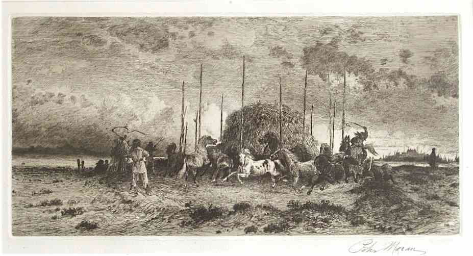 PETER MORAN SIGNED ORIGINAL ETCHING "HARVEST IN S: PETER MORAN SIGNED ORIGINAL ETCHING "HARVEST IN SAN JUAN, NEW MEXICO" - SIGNED IN PENCIL. CATALOGUE REFERENCE: KEPPEL 74. EXECUTED IN 1883; THIS IS A RICH IMPRESSION ON WOVE PAPER. SIZE: 6 X 12 1/4 IN