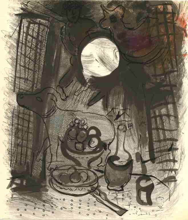 MARC CHAGALL ORIGINAL LITHOGRAPH: MARC CHAGALL "NATURE MORTE BRUNE" ORIGINAL LITHOGRAPH - CATALOGUE REFERENCE: MOURLOT 205. THIS CHARMING COMPOSITION IS ONE OF THE ORIGINAL LITHOGRAPHS CHAGALL CONTRIBUTED FOR A VOLUME BY JACQUES LASSA