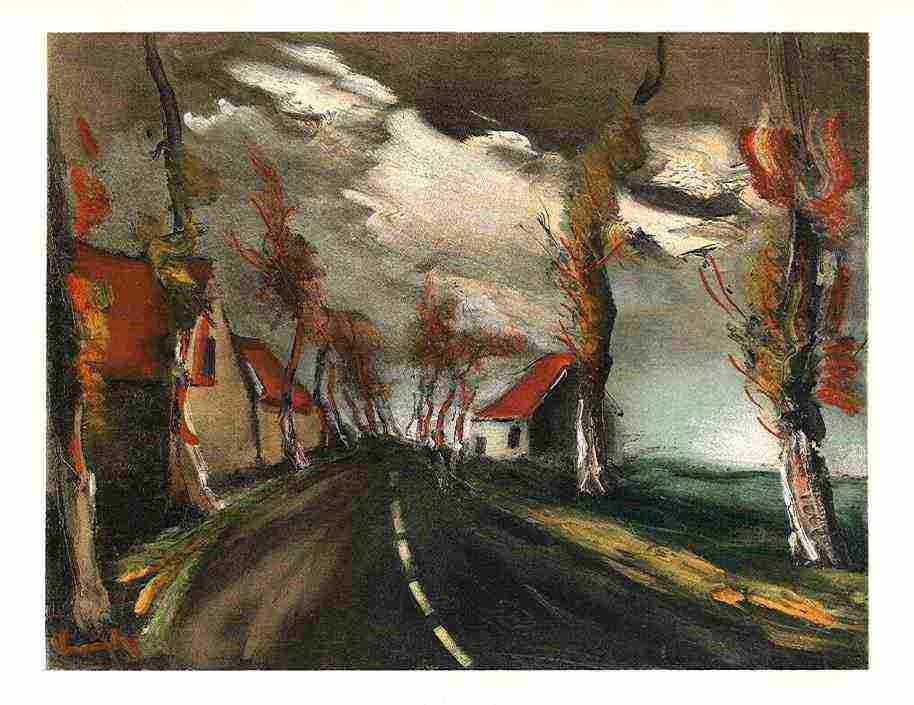 VLAMINCK "THE MORTAGNE ROAD" LITHOGRAPH: VLAMINCK "THE MORTAGNE ROAD" - LITHOGRAPH. THIS LITHOGRAPH WAS PULLED IN PARIS IN 1958 BY THE LEGENDARY MOURLOT ATELIER, AND PUBLISHED BY ANDRE SAURET. A NICE IMPRESSION, AS CAN BE EXPECTED OF MOURLOT