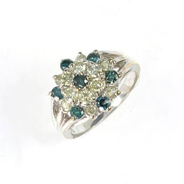 1.25 CTW. BLUE & WHITE DIAMOND RING IN 10KW GOLD: 1.25 CTW. BRILLIANT ROUND CUT DIAMONDS