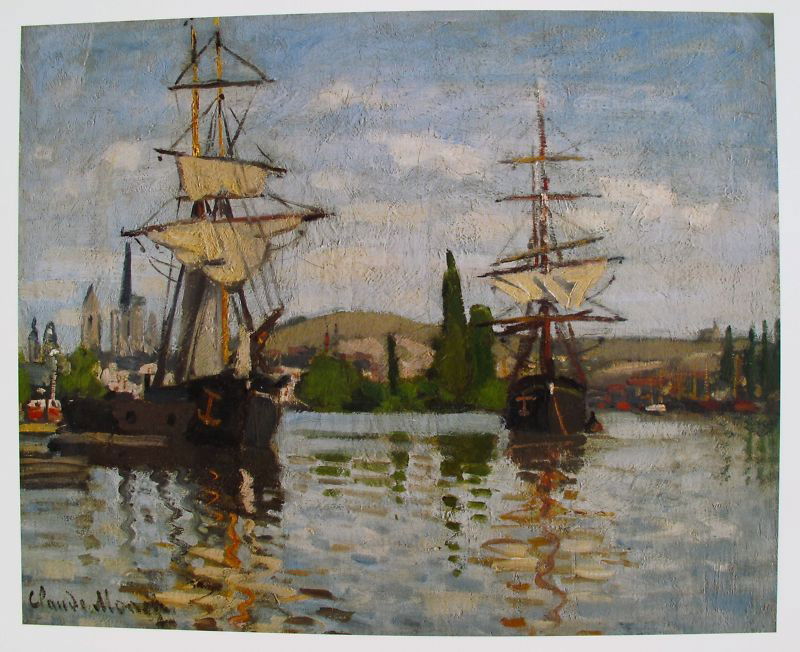 MONET LITHOGRAPH "SHIPS RIDING THE SEINE AT ROUEN": CLAUDE MONET LITHOGRAPH "SHIPS RIDING THE SEINE AT ROUEN" - SIGNED IN THE PLATE - MINT CONDITION - IMAGE SIZE 8"X10" - PROFESSIONALLY FRAMED & MATTED -