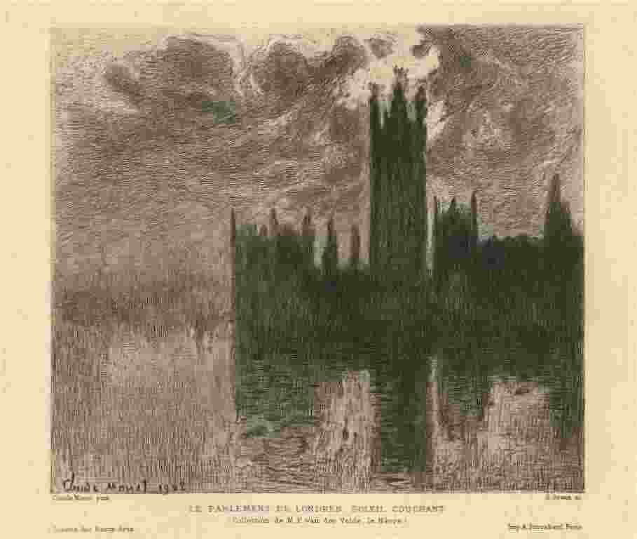 MONET ETCHING "LE PARLEMENT DE LONDRES, SOLEIL COU: CLAUDE MONET ETCHING "LE PARLEMENT DE LONDRES, SOLEIL COUCHANT" - ETCHING . ETCHED BY FRENCH ARTIST GUSTAVE GREUX (1838-1919) AFTER MONET. CATALOGUE REFERENCE: SANCHEZ & SEYDOUX 1904-18. THIS IS A RIC