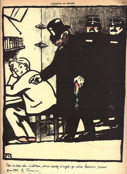 FELIX VALLOTTON ORIGINAL LITHOGRAPH: VALLOTTON ORIGINAL LITHOGRAPH "CRIMES ET CHÂTIMENTS" - ORIGINAL COLOR LITHOGRAPH. THIS STRIKING LITHOGRAPH WAS PUBLISHED IN 1902 FOR THE COVER OF L'ASSIETTE AU BEURRE. IMAGE SIZE: 10 3/4 X 8 INCHES. 