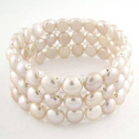 PINK & WHITE PEARL BRACELET: 3 ROW PINK & WHITE PEARL BRACELET - GENUINE 7MM FRESH WATER PEARLS - 7" STRECH BRACELET