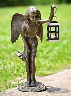 ANGEL GIRL LANTERN CANDLE HOLDER: ANGEL GIRL LANTERN CANDLE HOLDER - 18"H 9.5"W 9.5"D - CAST IRON, GLASS & ALUMINUM -
