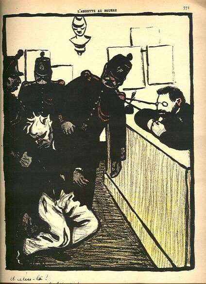 FELIX VALLOTTON ORIGINAL LITHOGRAPH: VALLOTTON ORIGINAL LITHOGRAPH "CRIMES ET CHÂTIMENTS" - ORIGINAL COLOR LITHOGRAPH. THIS STRIKING LITHOGRAPH WAS PUBLISHED IN 1902 FOR THE COVER OF L'ASSIETTE AU BEURRE. IMAGE SIZE: 10 3/4 X 8 INCHES. 